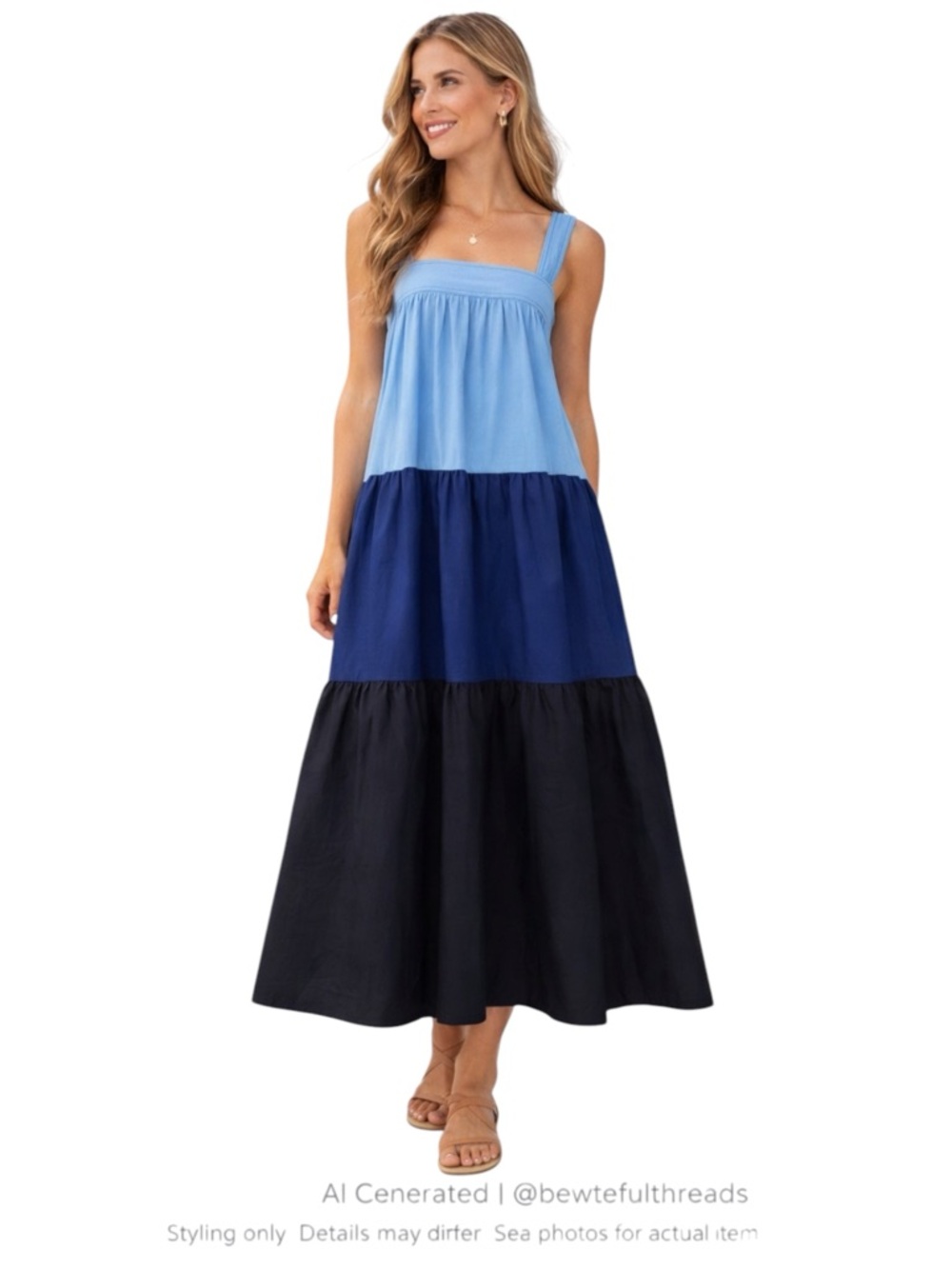 Coastal Cottagecore Tiered Maxi Dress Blue Colorblock Smocked Bodice M